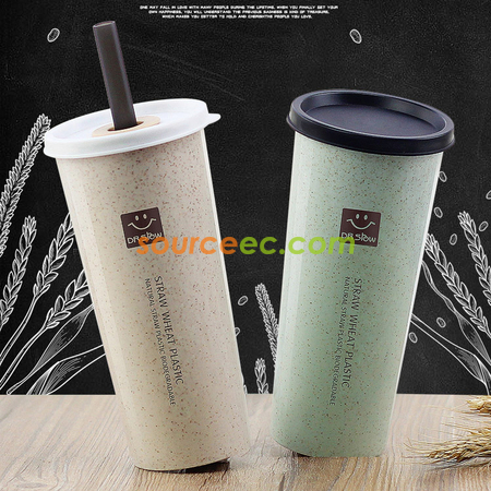 礼品订购450ML小麦秸秆双盖带吸管防漏水杯广告