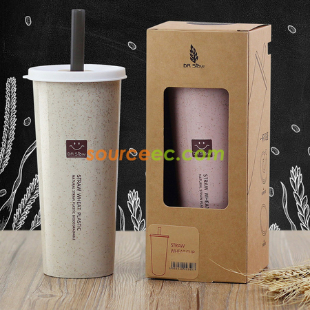 礼品订购450ML小麦秸秆双盖带吸管防漏水杯广告