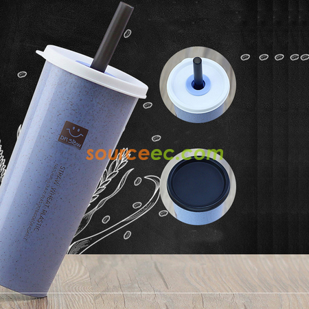 礼品订购450ML小麦秸秆双盖带吸管防漏水杯广告