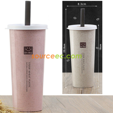 礼品订购450ML小麦秸秆双盖带吸管防漏水杯广告