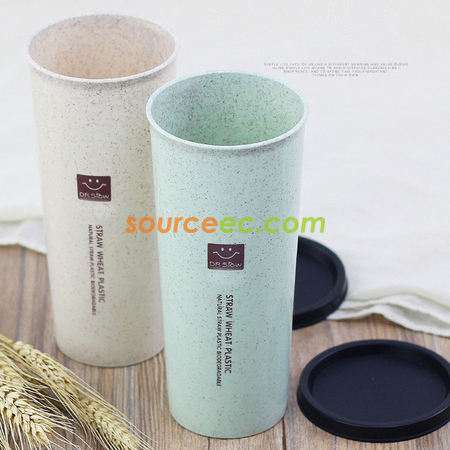 礼品订购450ML小麦秸秆双盖带吸管防漏水杯广告