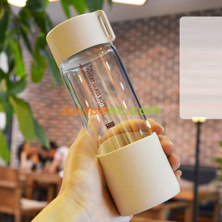 礼品订购300ML小麦秸秆便携高硼硅玻璃水杯广告