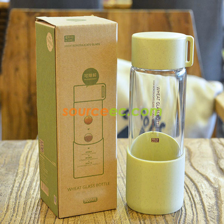 礼品订购300ML小麦秸秆便携高硼硅玻璃水杯广告