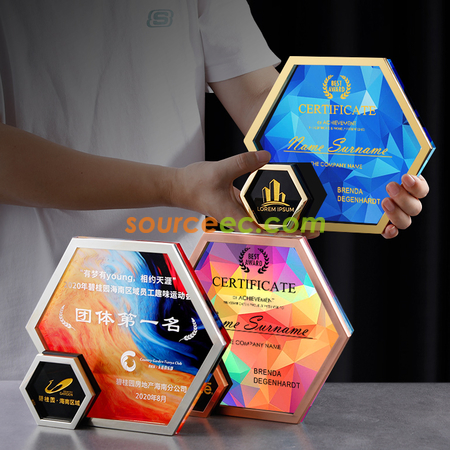 礼品订购金属正六边形几何奖座广告