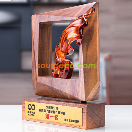 礼品订购黑胡桃实木外框水晶琉璃奖座广告