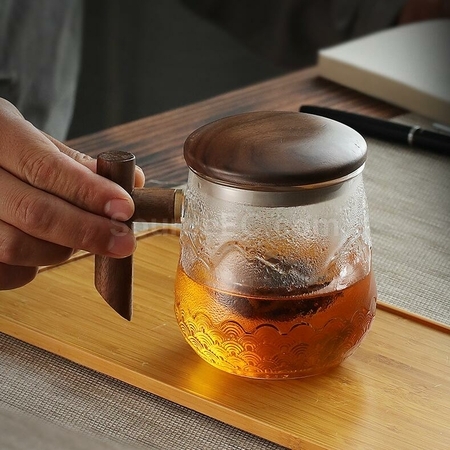 礼品订购高硼硅玻璃木柄山海纹理泡茶杯广告