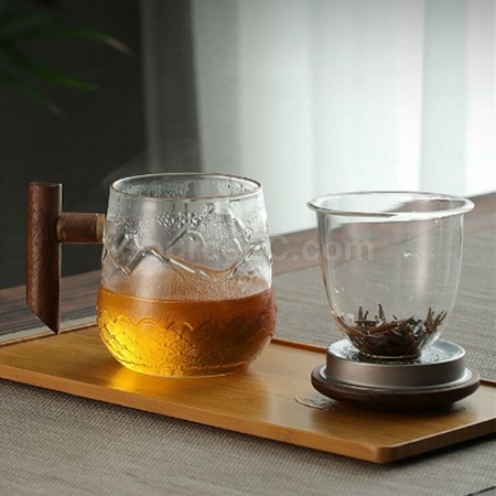 礼品订购高硼硅玻璃木柄山海纹理泡茶杯广告