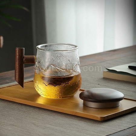 礼品订购高硼硅玻璃木柄山海纹理泡茶杯广告