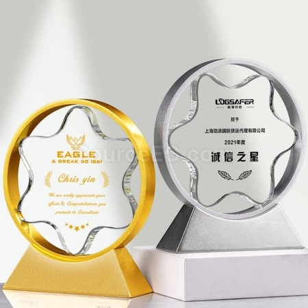 礼品订购立体五星金属水晶奖座广告