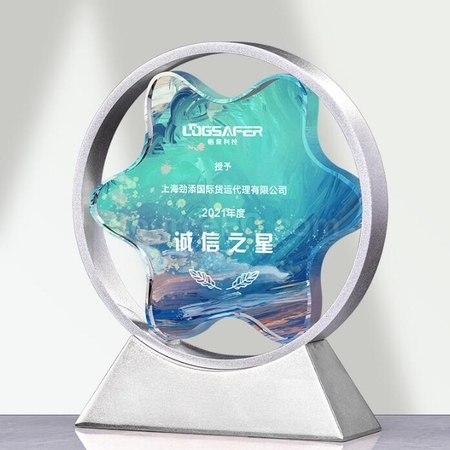 礼品订购立体五星金属水晶奖座广告