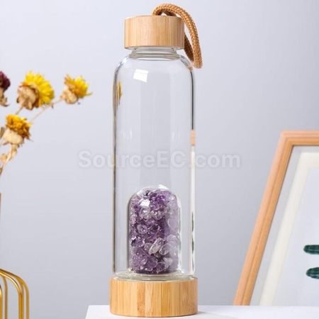 礼品订购竹盖天然水晶碎石养生玻璃杯广告