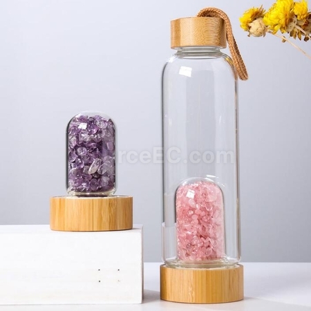 礼品订购竹盖天然水晶碎石养生玻璃杯广告