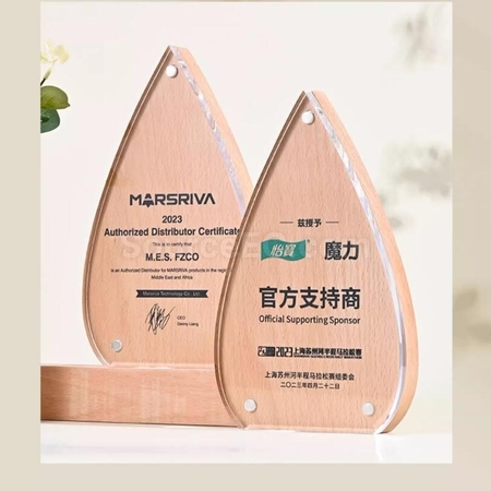 礼品订购创意水滴实木亞克力奖座广告
