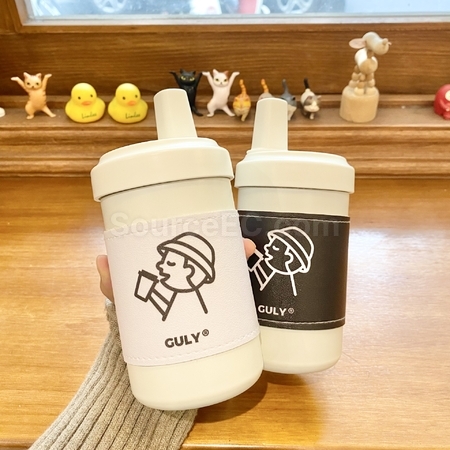 礼品订购奶茶保温杯带木纹可爱小熊皮套广告