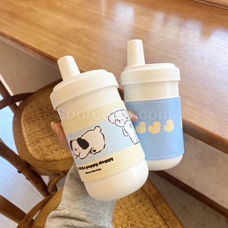 礼品订购奶茶保温杯带木纹可爱小熊皮套广告