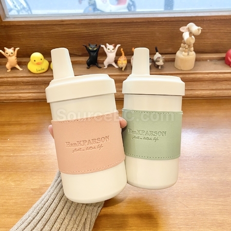礼品订购奶茶保温杯带木纹可爱小熊皮套广告