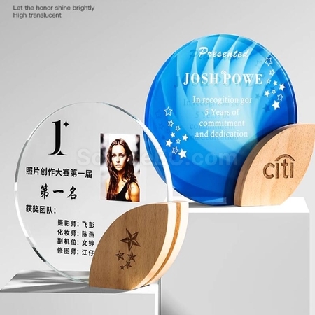礼品订购圆形水晶实木叶子奖座广告