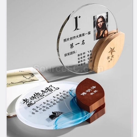 礼品订购圆形水晶实木叶子奖座广告