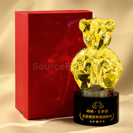 礼品订购镀彩小熊水晶奖座广告