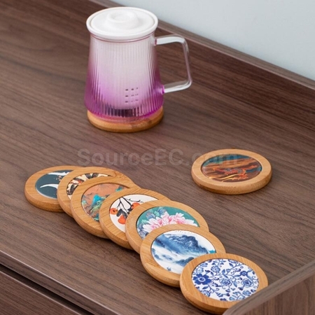 礼品订购客制化圆形竹制陶瓷复古吸水杯垫广告