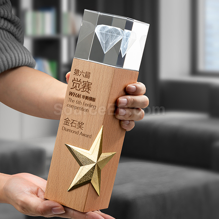 礼品订购星星实木水晶座广告