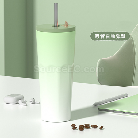 礼品订购700ML大容量吸管自动弹跳渐变保温杯广告