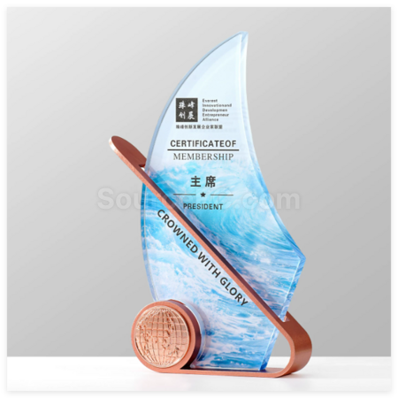 礼品订购帆船水晶金属奖座广告